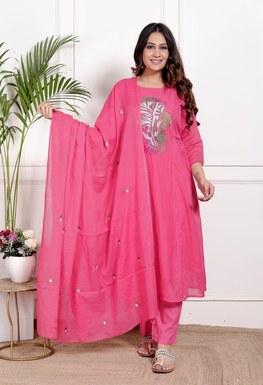 Premium Quality Pure Mul Cotton Embroidered Anarkali Kurti Pant Dupatta Set With Mul Cotton Lining Inside