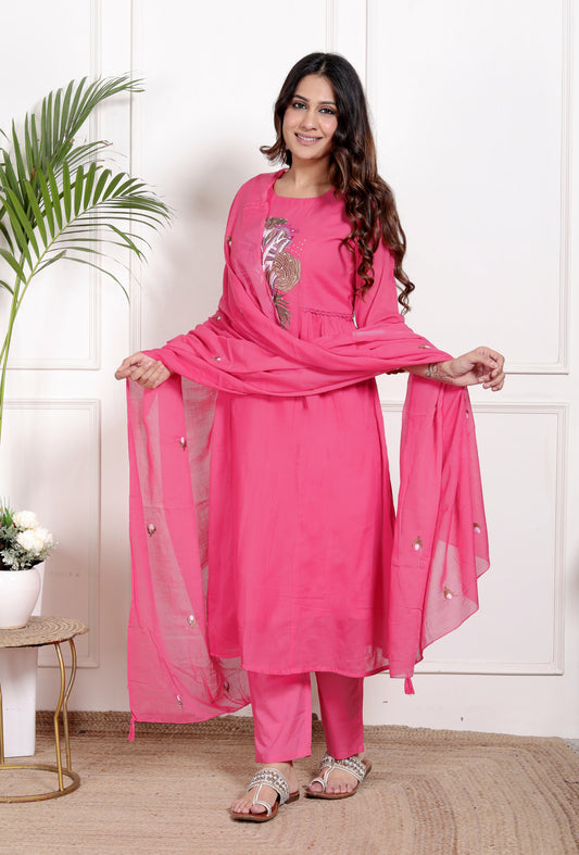 Premium Quality Pure Mul Cotton Embroidered Anarkali Kurti Pant Dupatta Set With Mul Cotton Lining Inside