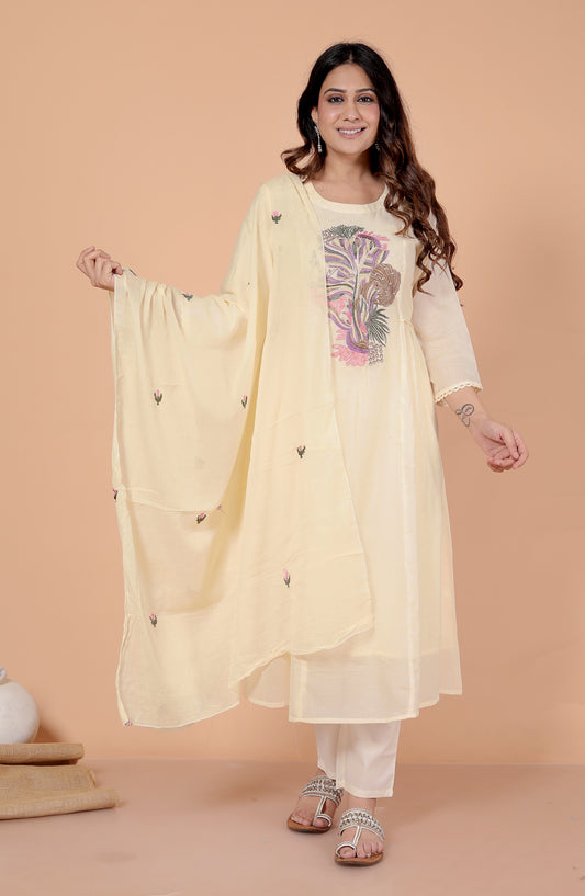 Premium Quality Pure Mul Cotton Embroidered Anarkali Kurti Pant Dupatta Set With Mul Cotton Lining Inside