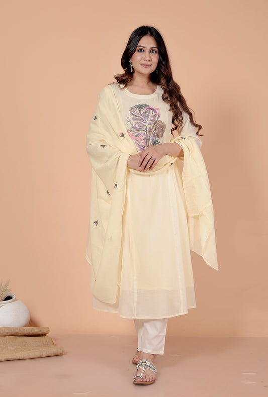 Premium Quality Pure Mul Cotton Embroidered Anarkali Kurti Pant Dupatta Set With Mul Cotton Lining Inside