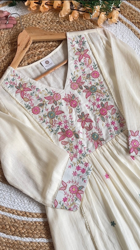 Cream & White Mul Cotton Embroidered Kurta Set | Floral Yoke Anarkali Kurta with Straight Pant & Dupatta | 3-Piece Suit Set