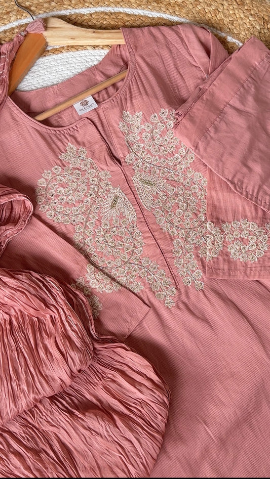 Premium Dusty Rose Mul Cotton Embroidered Suit Set with Attached Cotton Lining