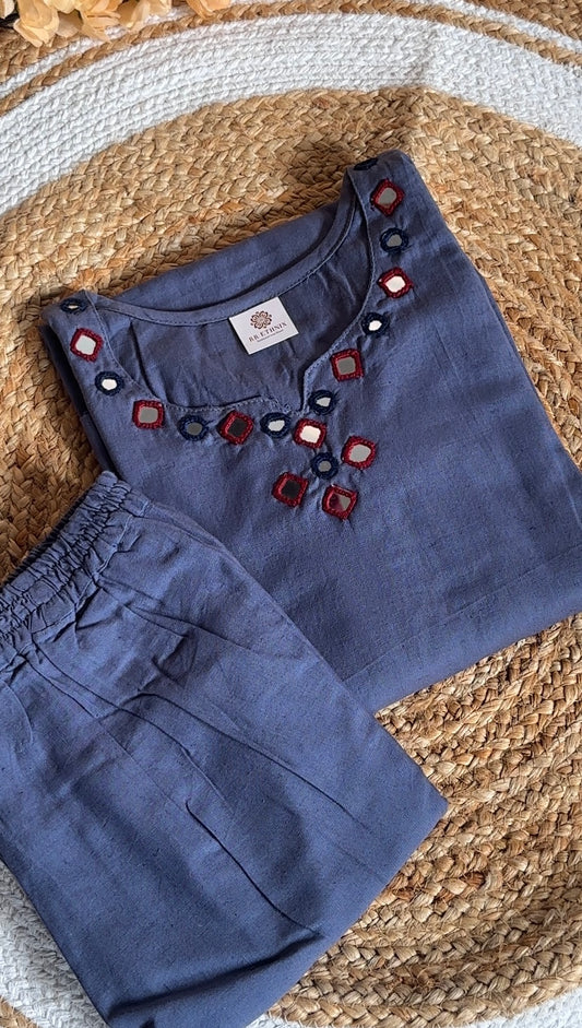 Indigo Premium cotton Mirror Work Umbrella Kurta with Palazzo Set | Traditional Shisha Work Suit