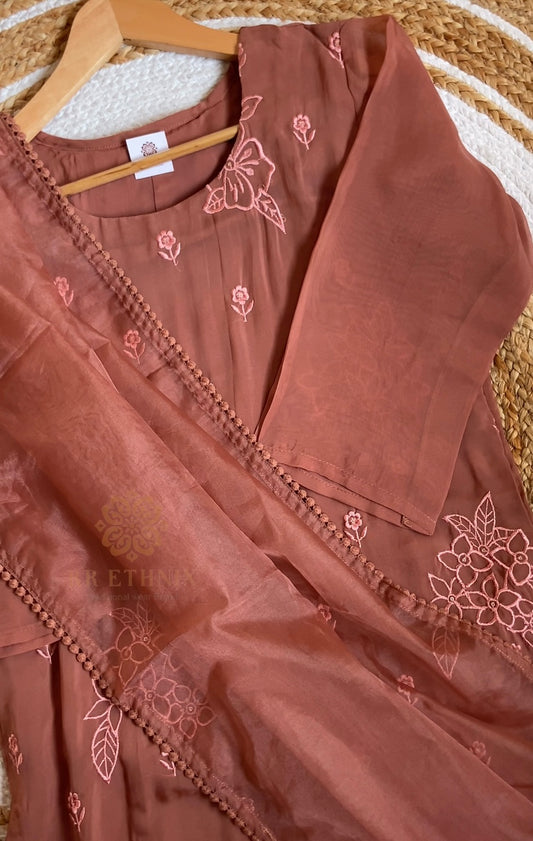 Rustic Terracotta Brown Organza Embroidered Suit Set