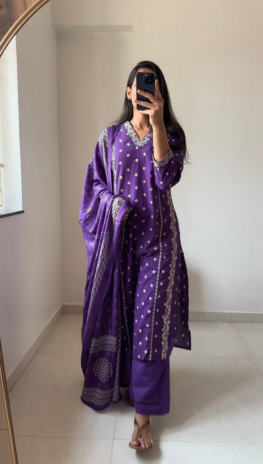 Purple Cotton Suit Set with Mul Mul Dupatta | Embroidered 3 Piece Kurta Pant Set for Women