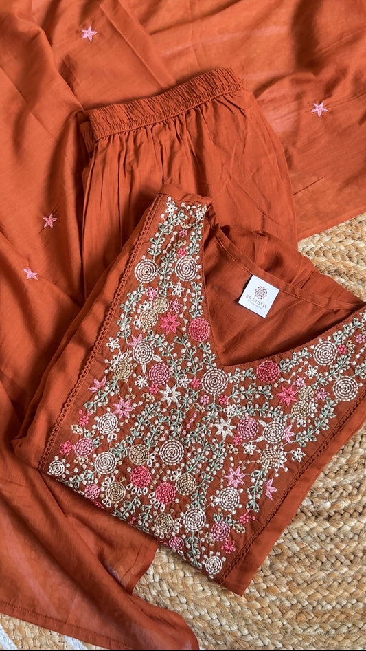 Rust Orange Mulmul Cotton Embroidered Kurta with Lining 3pc set| Ethnic Festive Wear for Women