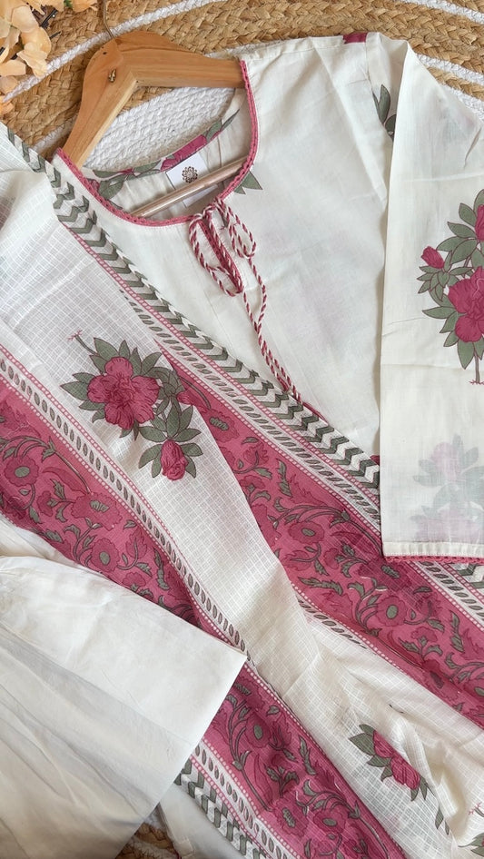 White Mul Cotton Kurta Set with lining & Kota Doria Dupatta | Rose Pink Floral Print | Cotton pant|3 Piece Suit