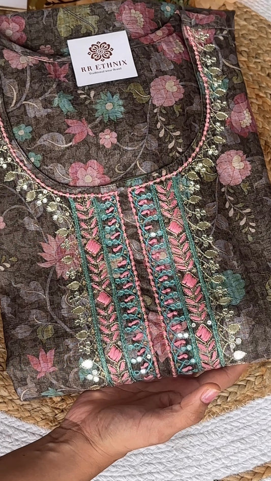 Taupe Brown Kota Doria Suit Set with Floral Buta Print & Embroidered Yoke
