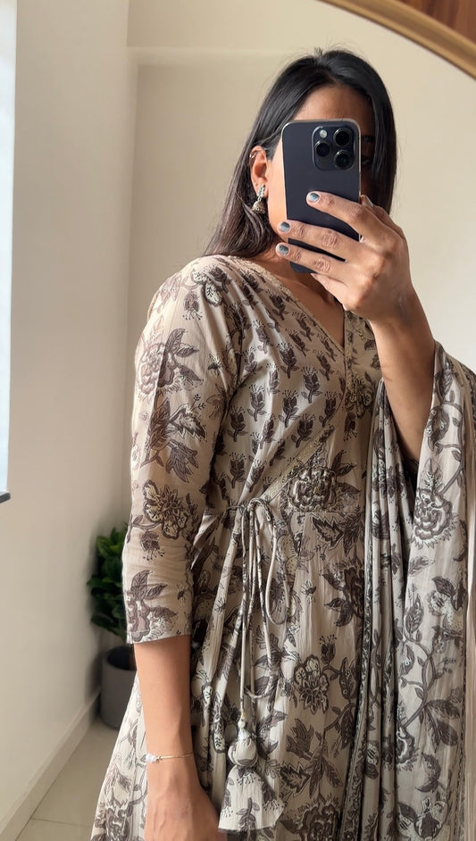 Beige Floral Printed Cotton Angrakha Kurta Set with Dupatta & Pant