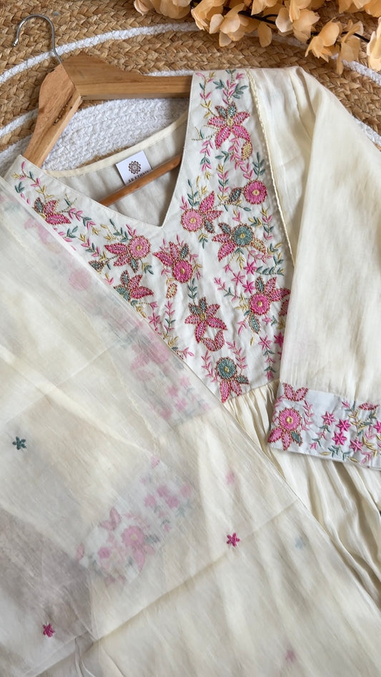 Cream & White Mul Cotton Embroidered Kurta Set | Floral Yoke Anarkali Kurta with Straight Pant & Dupatta | 3-Piece Suit Set