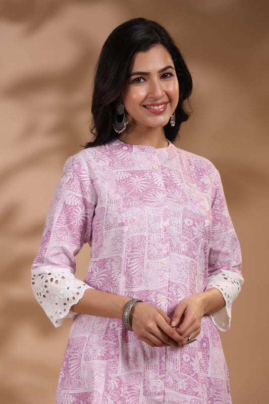 A Line Princess Cut Cotton Flex Hakoba Schiffli Work Palazzo Set