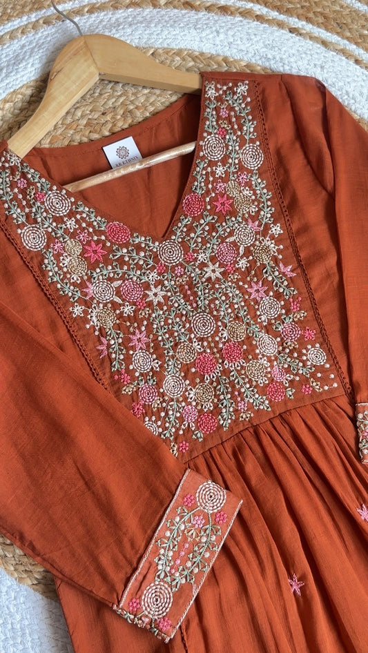 Rust Orange Mulmul Cotton Embroidered Kurta with Lining 3pc set| Ethnic Festive Wear for Women