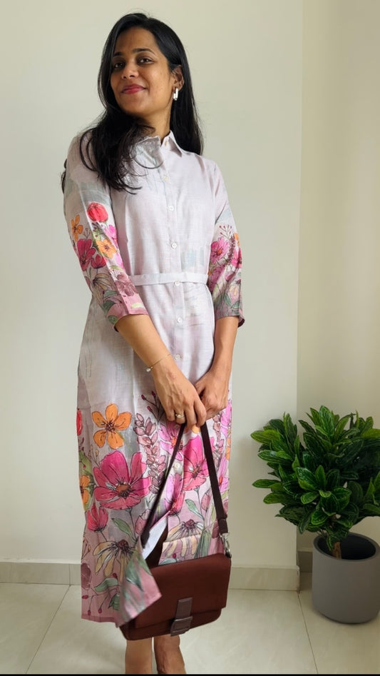 Premium Linen Floral Shirt Dress for Women | Button-Down Belted Midi Dress | 2 Elegant Floral Designs