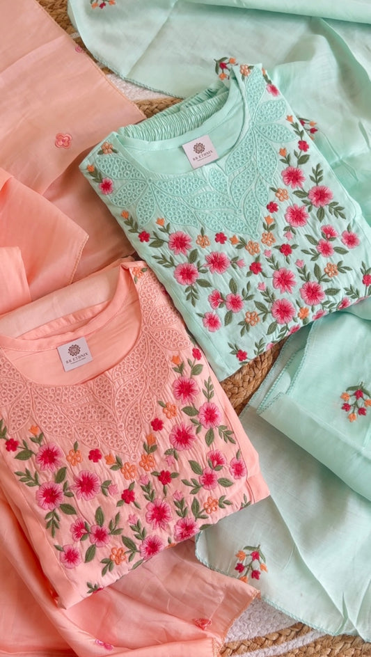 Premium Mul Chanderi Floral Embroidered Kurta Pant Dupatta Set with Lining | Peach Blush & Mint Green | Sizes M-3XL