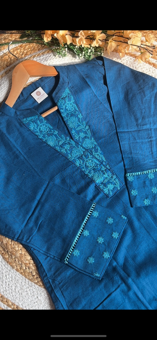 Royal Blue Embroidered Cotton Kurta with Palazzo Set | Comfort Wear