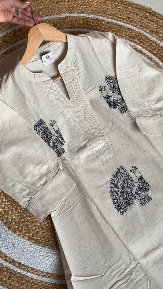 Sustainable Khadi Cotton Kurta Set | A-Line Kurti with Dark blue Peacock Embroidery & Palazzo 2pc suit