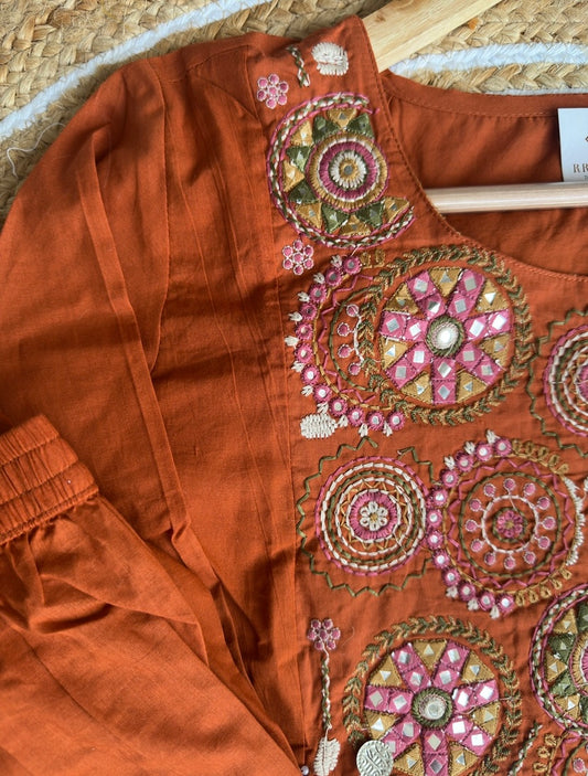 Earthy Terracotta rust orange Embroidered Cotton with Mirror Work Salwar suit 3pc set
