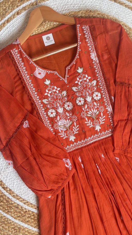 Rust Orange Mul Cotton Embroidered Anarkali Set with lining| Cotton pant & Mulmul Dupatta Suit