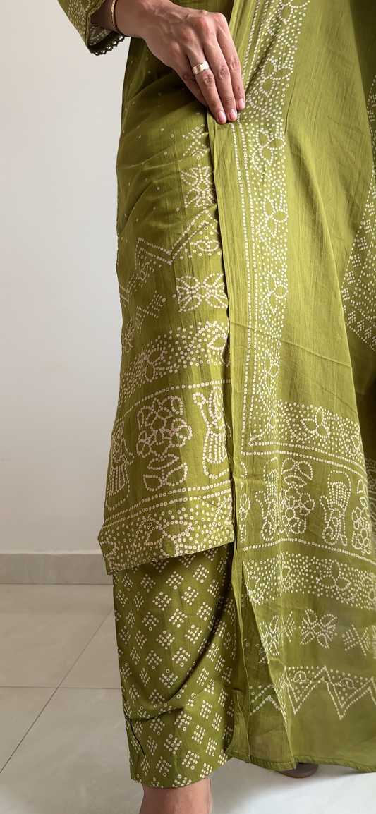 Olive Green Bandhani Print Premium Cotton Suit Set with Mirror Work Yoke 3piece & Dupatta
