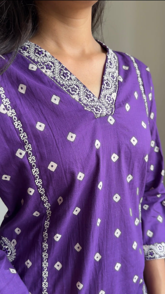 Purple Cotton Suit Set with Mul Mul Dupatta | Embroidered 3 Piece Kurta Pant Set for Women