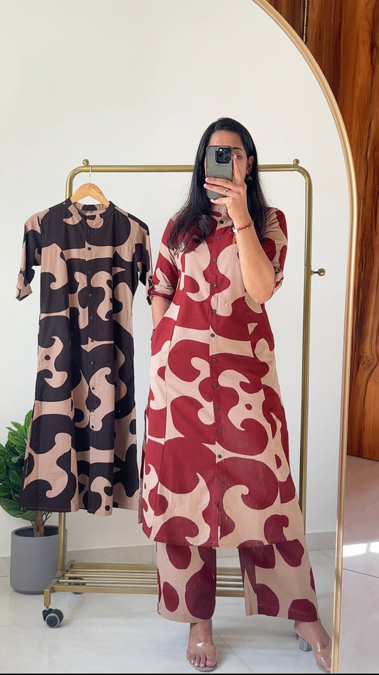 Premium Cotton Slub Abstract Printed Co-Ord Set with Palazzo pant for Women |Coffee Brown & Wine Red