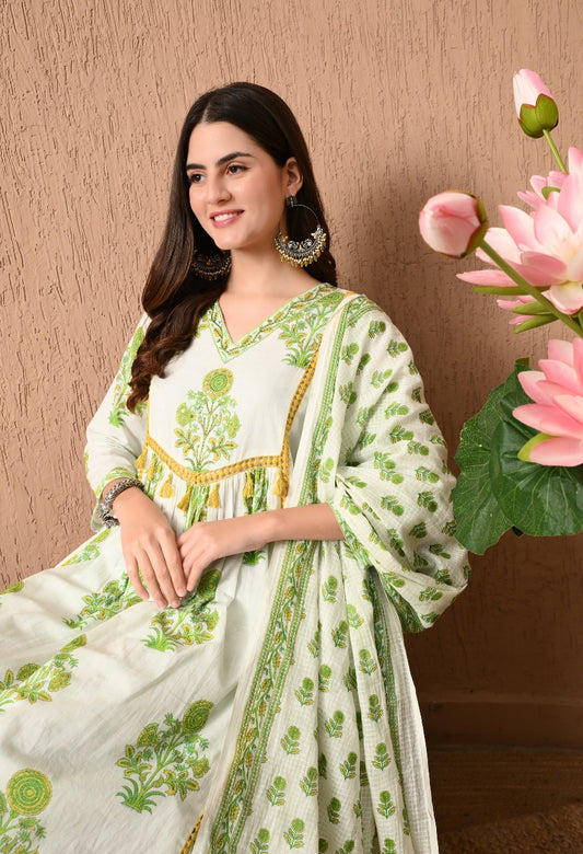 Premium Pure Cotton Block Printed Anarkali With Handwork With Printed Pants And Kota Doriya Dupatta