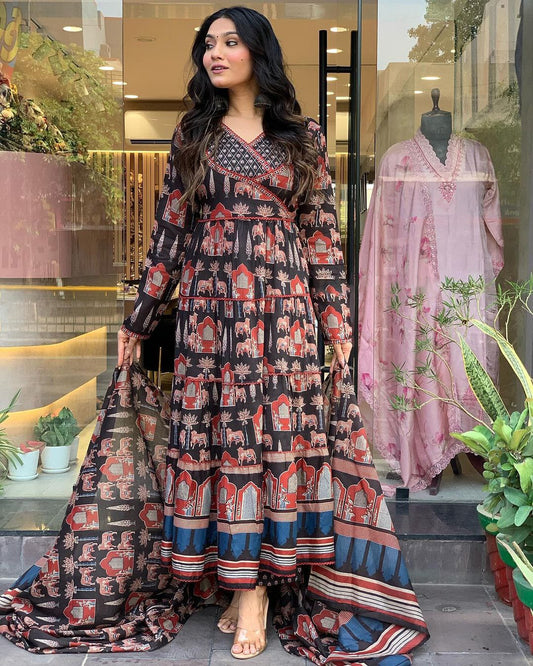 Premium Quality Ajrakh Print 3-Tiered Anarkali Set With Intricate Handwork On The Yoke With Full Sleeves Paired With Ajrakh Print Pant And Full Size Dupatta