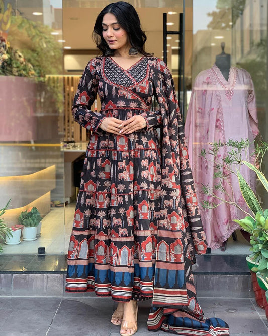 Premium Quality Ajrakh Print 3-Tiered Anarkali Set With Intricate Handwork On The Yoke With Full Sleeves Paired With Ajrakh Print Pant And Full Size Dupatta