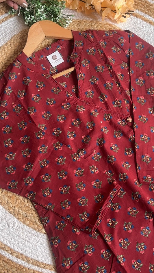 Maroon Hand Block Print Cotton Kurta Set with Dupatta & Straight fit Pant | Elegant 3-Piece Indian Ethnic Wear for Women