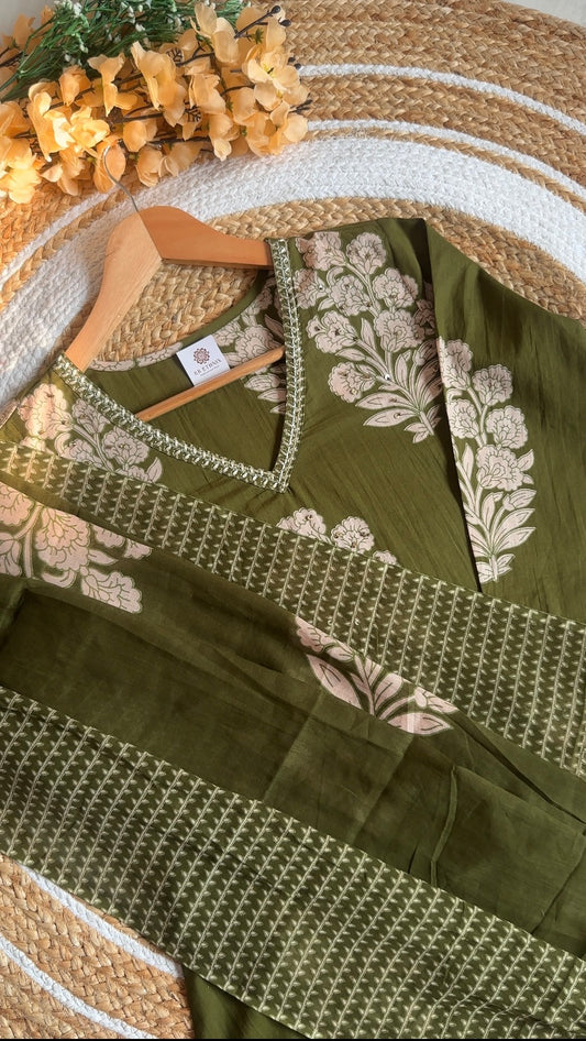 Olive Green Floral Print Cotton Suit Set with Dupatta | Trending Ethnic Wear 3-Piece Set | Best Selling Kurti Pant