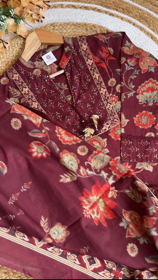 Maroon Floral Printed Cotton Suit Set with Dupatta – Elegant Ethnic Wear for Women