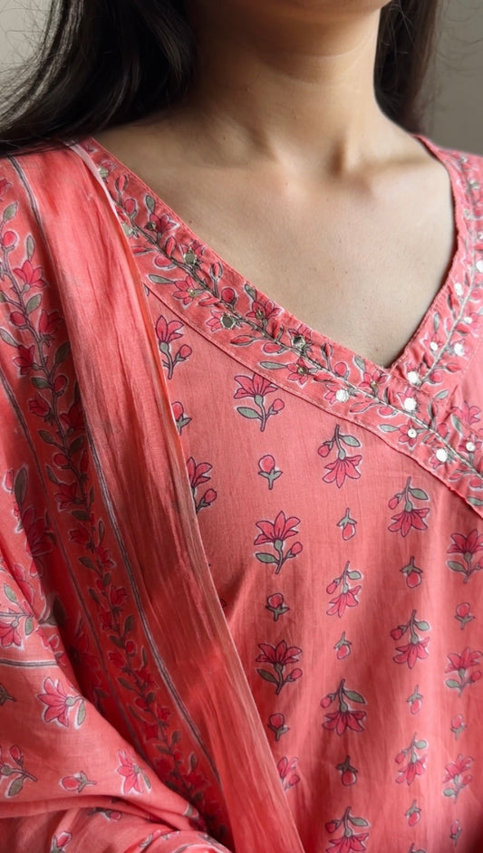 Peach Floral Cotton A-Line Kurta Set with Palazzo & Mulmul Dupatta | Hand Detailing Ethnic Wear for Women