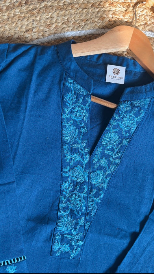Royal Blue Embroidered Cotton Kurta with Palazzo Set | Comfort Wear