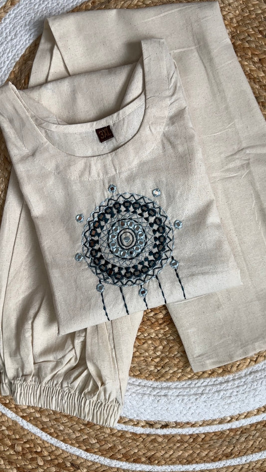 Handcrafted Khadi Co-ord Set with Dreamcatcher Embroidery | Sustainable Cotton Ethnic Wear for Women