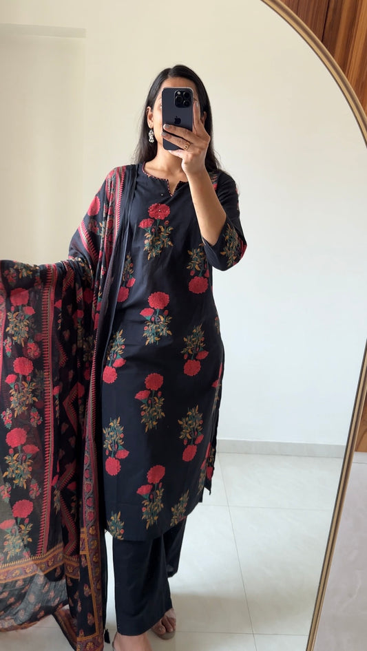 Black Floral Print Pure Cotton Kurta Set | Guldasta Print Kurta Pant Dupatta Set