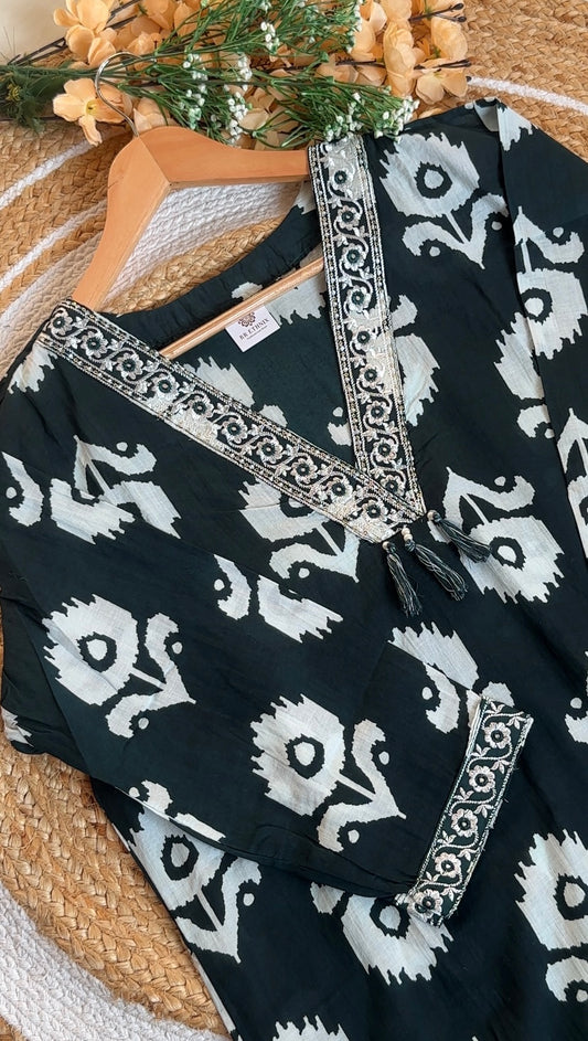 Dark Green Ikat Print Cotton Kurta Set with Embroidered Neck | Women's Casual Wear