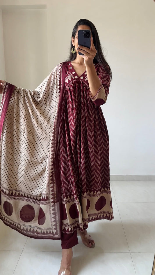 Maroon A-Line Cotton Suit Set with Real Mirror Work Neck & Printed Cotton Dupatta | 3 Piece Ethnic Set