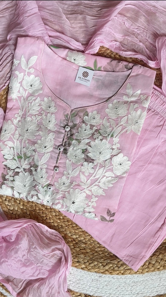 Light Pink Lined Mul Mul Cotton Chikankari Suit Set with Cotton Pant & Dupatta