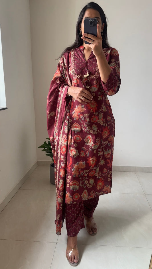 Maroon Floral Printed Cotton Suit Set with Dupatta – Elegant Ethnic Wear for Women