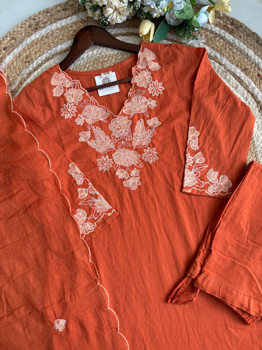 Premium Quality Pure Cotton Thread work Embroidered Kurti Pant And Embroidered Mul-Cotton Dupatta.