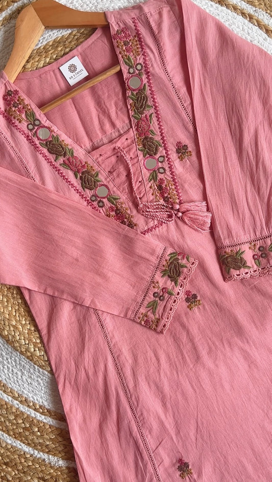 Blush Pink Mul Cotton Embroidery Suit Set with Mirror Work |Cotton pant & Mul Dupatta
