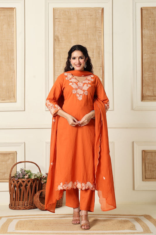 Premium Quality Pure Cotton Thread work Embroidered Kurti Pant And Embroidered Mul-Cotton Dupatta.