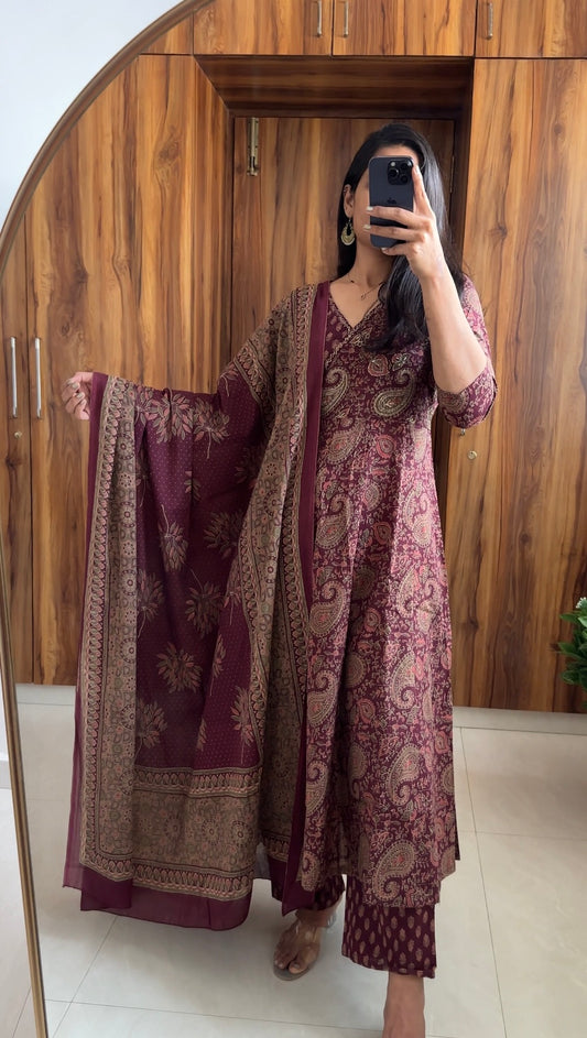 Maroon Paisley Printed Cotton Angrakha Kurta Set with Dupatta & Pant