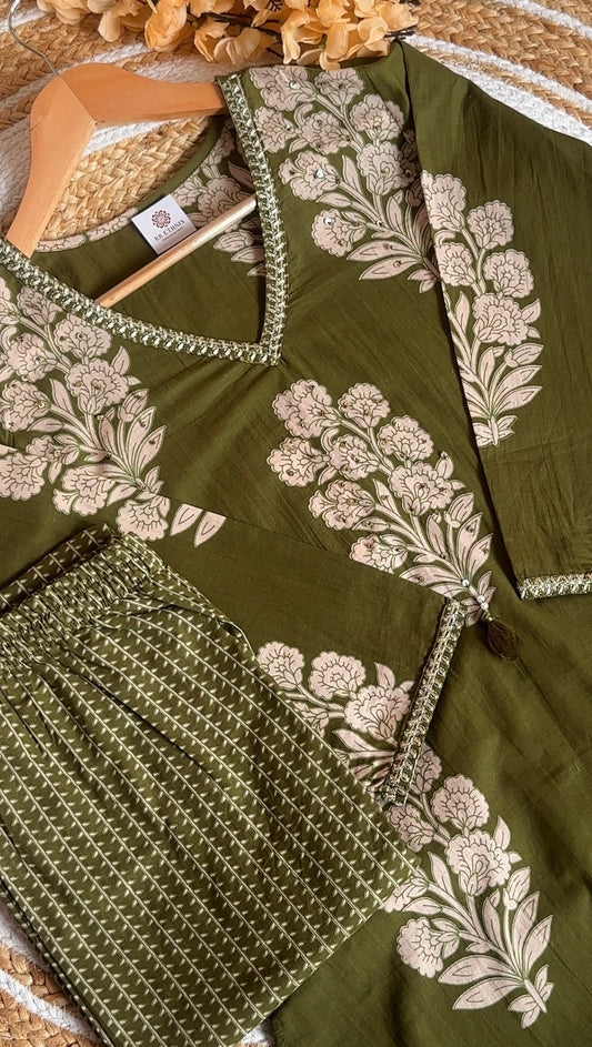 Olive Green Floral Print Cotton Suit Set with Dupatta | Trending Ethnic Wear 3-Piece Set | Best Selling Kurti Pant