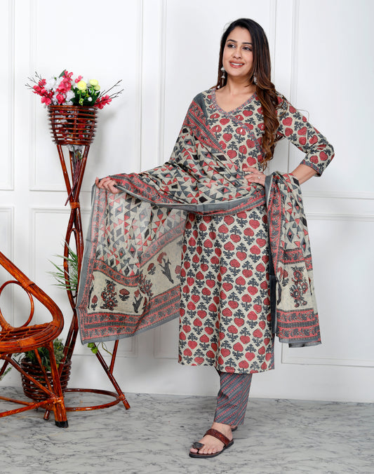 Premium Quality Pure Cotton Printed Straight Kurti Pant Dupatta Set.