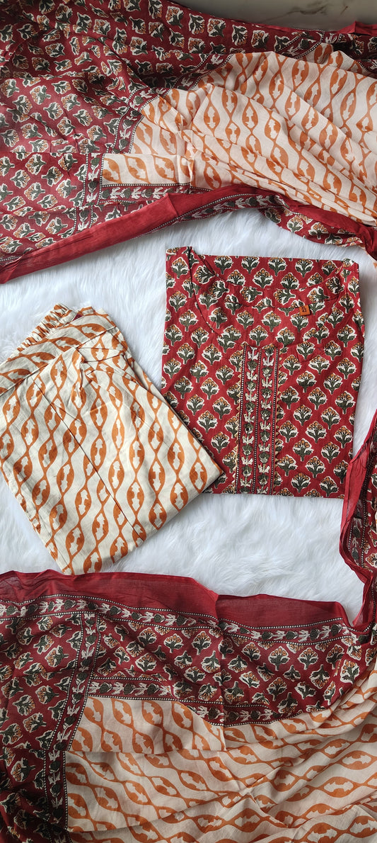 Beautiful Premium Cotton Straight kurti with Afgani Pant Dupatta set