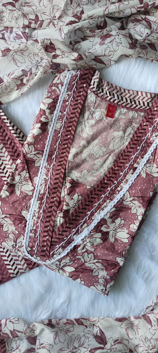 Beautiful Premium Cotton V neck Straight kurti Pant Dupatta set.