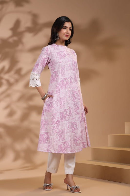 A Line Princess Cut Cotton Flex Hakoba Schiffli Work Palazzo Set