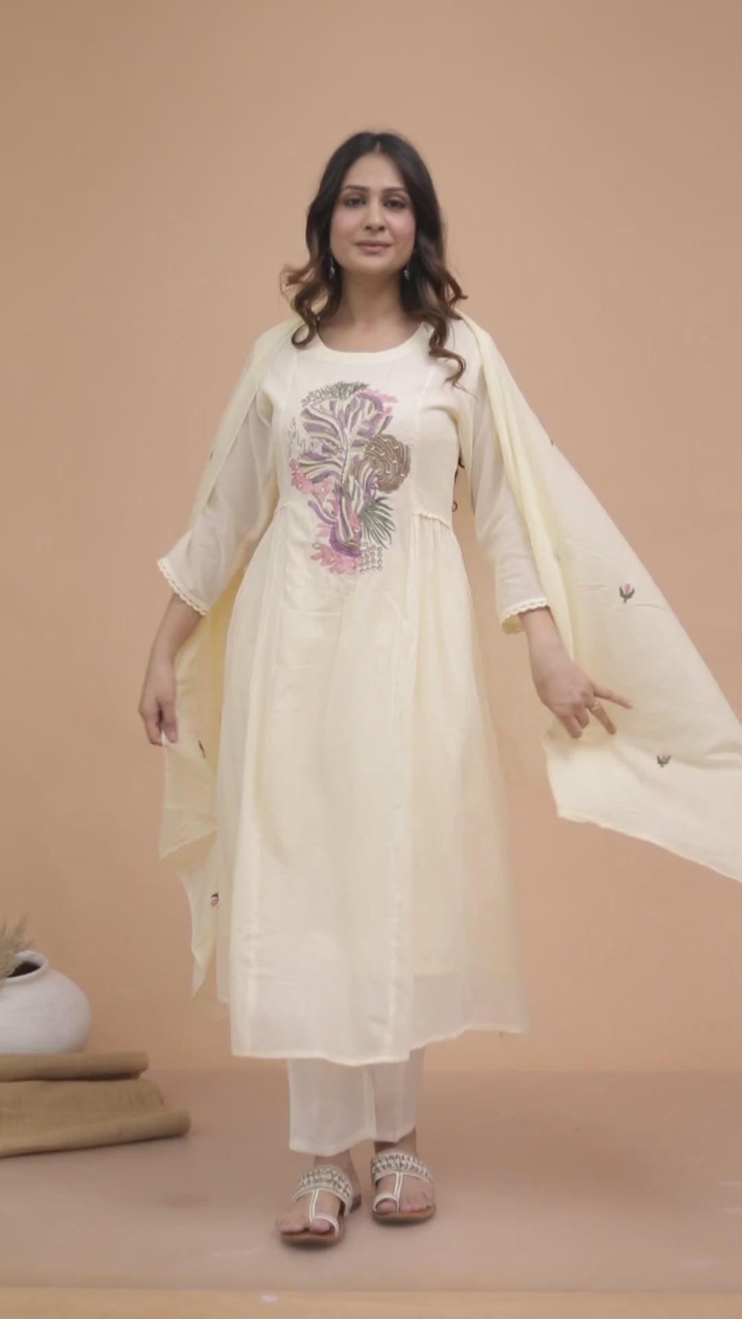 Premium Quality Pure Mul Cotton Embroidered Anarkali Kurti Pant Dupatta Set With Mul Cotton Lining Inside.