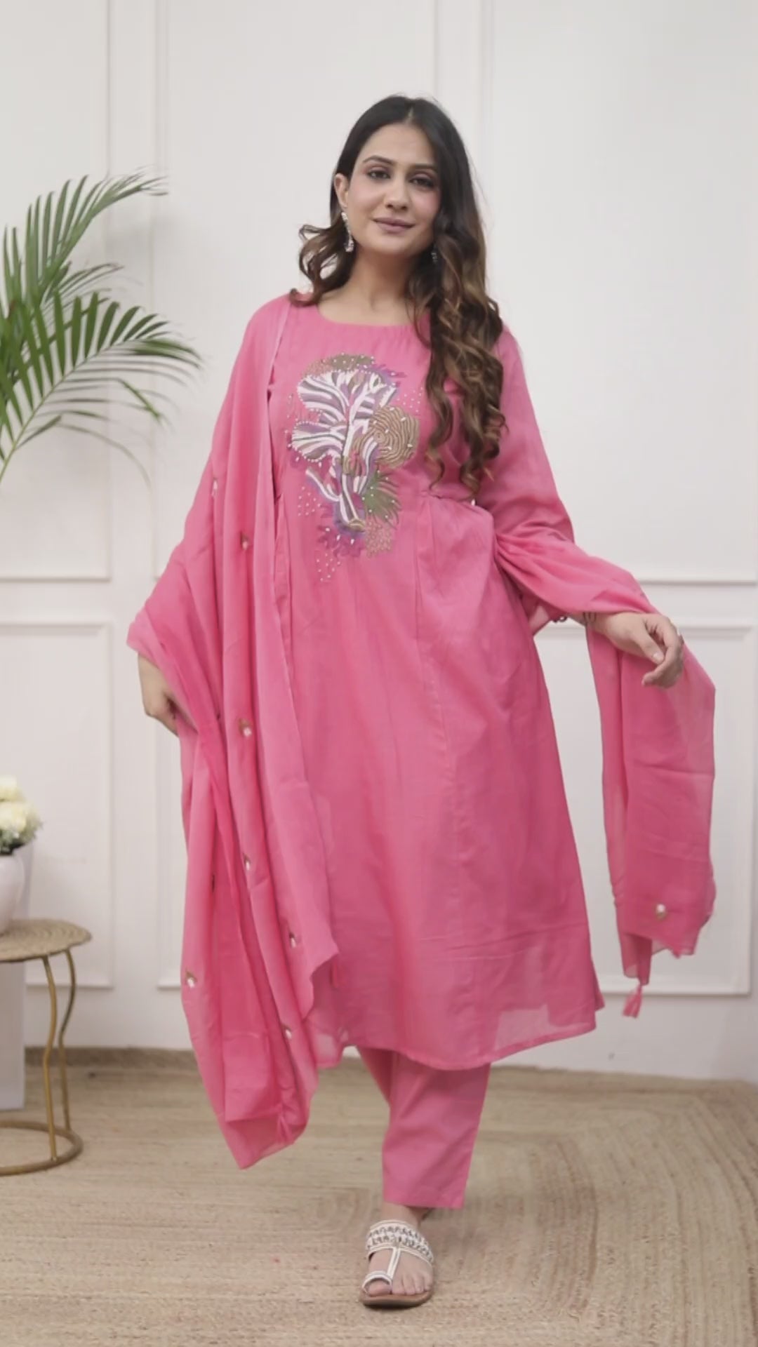 Premium Quality Pure Mul Cotton Embroidered Anarkali Kurti Pant Dupatta Set With Mul Cotton Lining Inside.